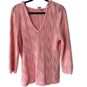 Faded Glory Coral Blush Pink V-Neck Knitted Hooded Sweater w/ 3/4 Length Sleeves